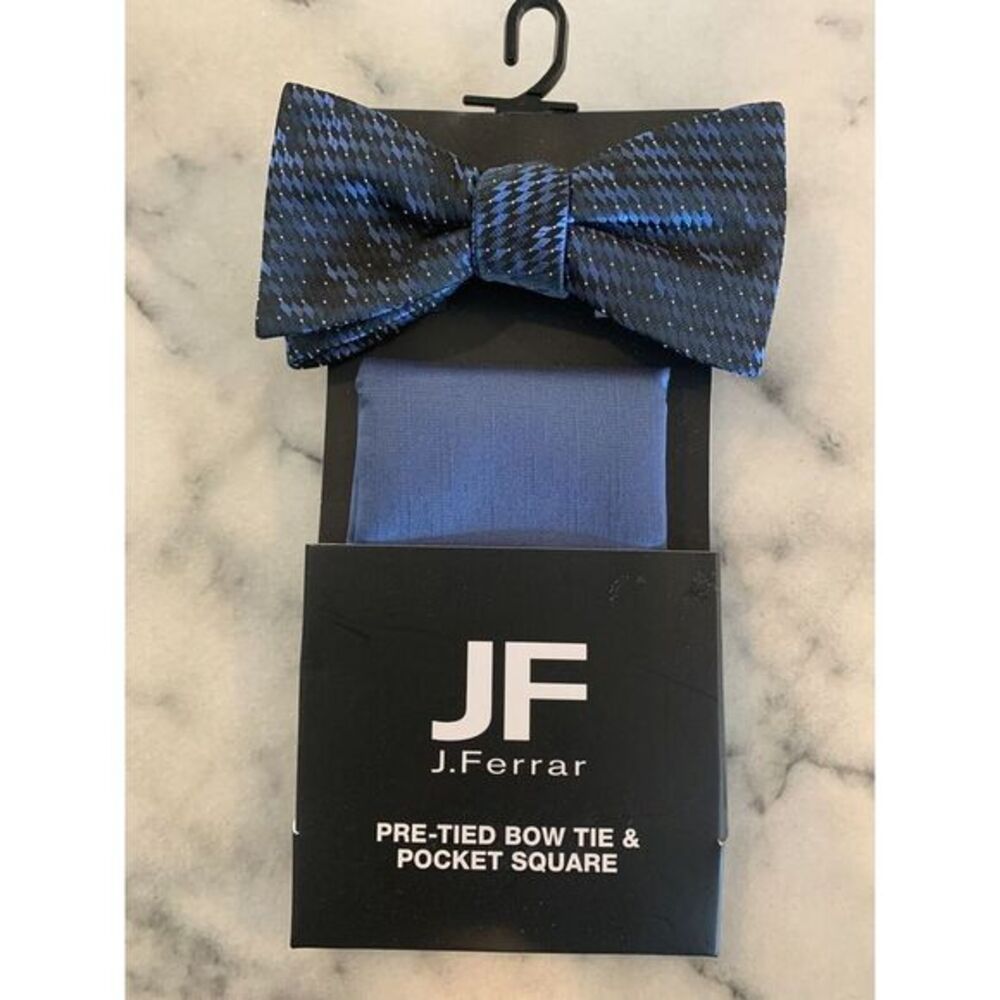 JF J Ferrar‎ Pretied Bow Tie Bowtie Pocket Square Blue Black Adjustable MSRP $40